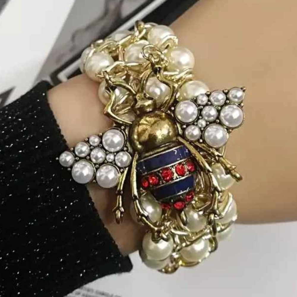 Gold and White Bee Bracelet with Vibrant Stripes